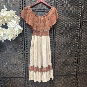 Vintage Brown Cream Handmade Fit and Flare Lace Top Dress Size Small